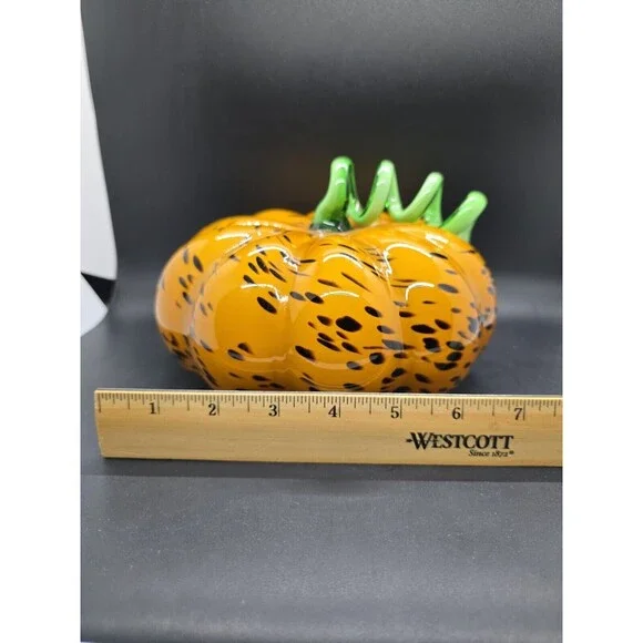 ART GLASS HAND BLOWN PUMPKIN LONG CURLY STEM HALLOWEEN FALL AUTUMN DECOR 7” - Picture 4 of 11